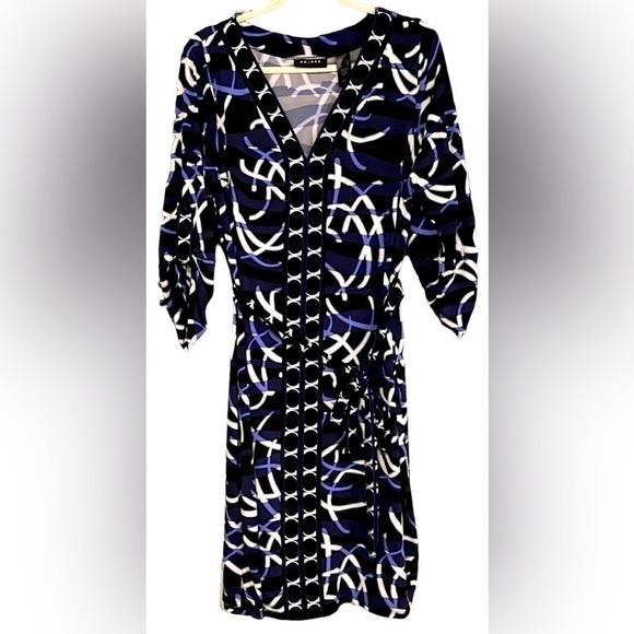 AXCESS Black/Blue/Gray/White Design Deep V-Neck Dress w/Tie Belt, Sz Large, EUC. - Picture 1 of 10